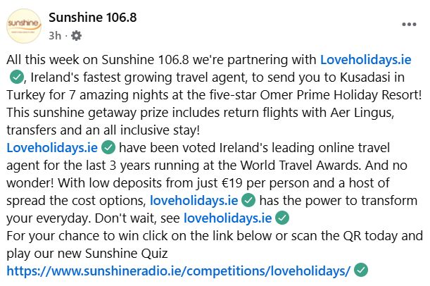 Sunshine 106.8 holiday competition announcement from August 2025