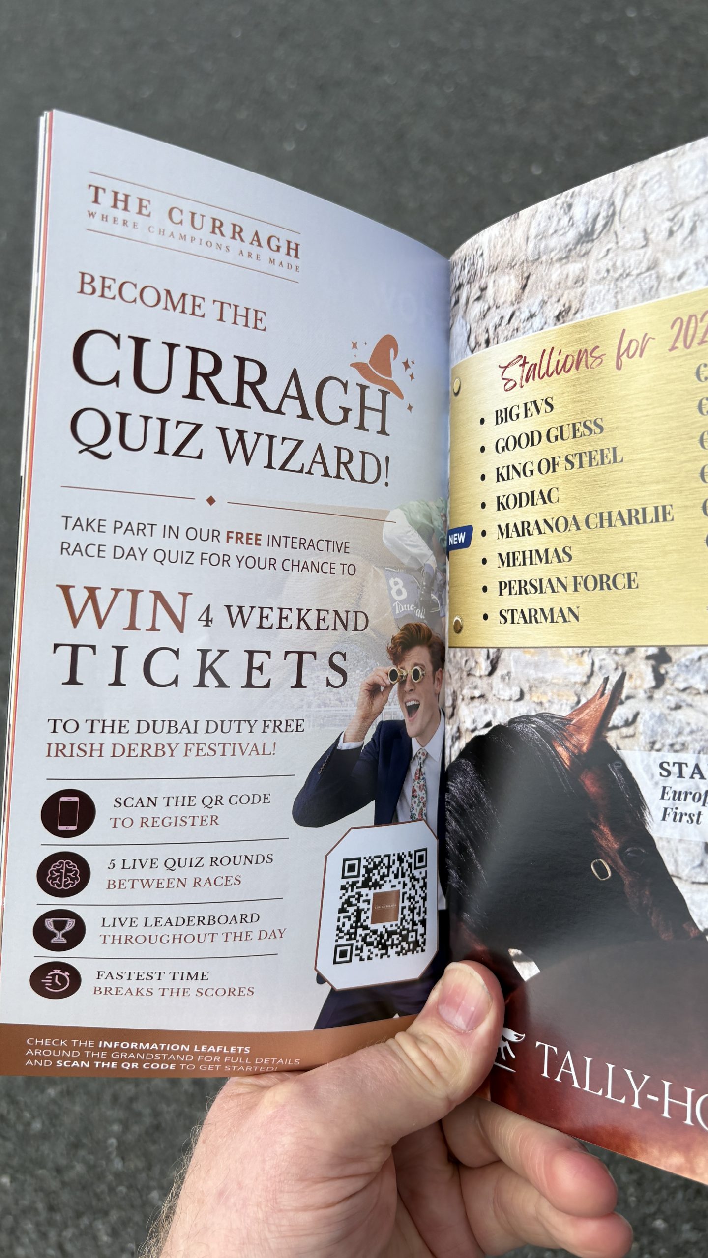 Curragh fan engagement in the race-day programme, advertising five QuizWizards rounds and four Irish Derby Festival weekend tickets.