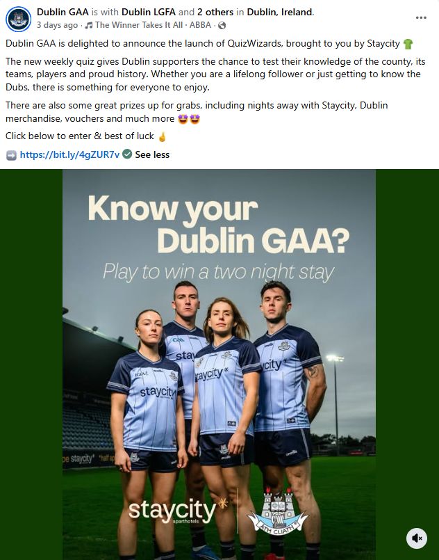 Dublin GAA Fan Challenge announcement naming QuizWizards and Staycity in the weekly supporter quiz.