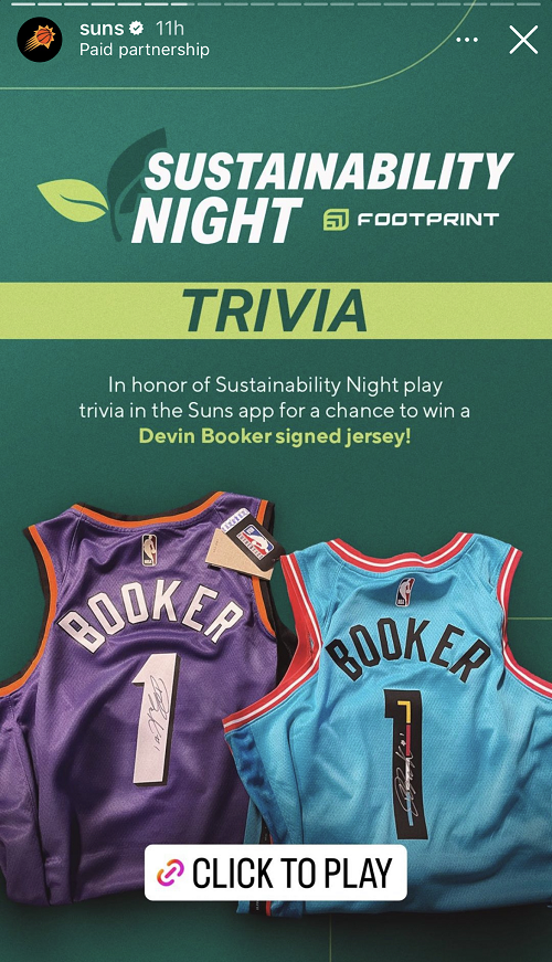 Phoenix Suns fan engagement promotion for Footprint Sustainability Night, inviting fans to play trivia for a Devin Booker signed jersey.