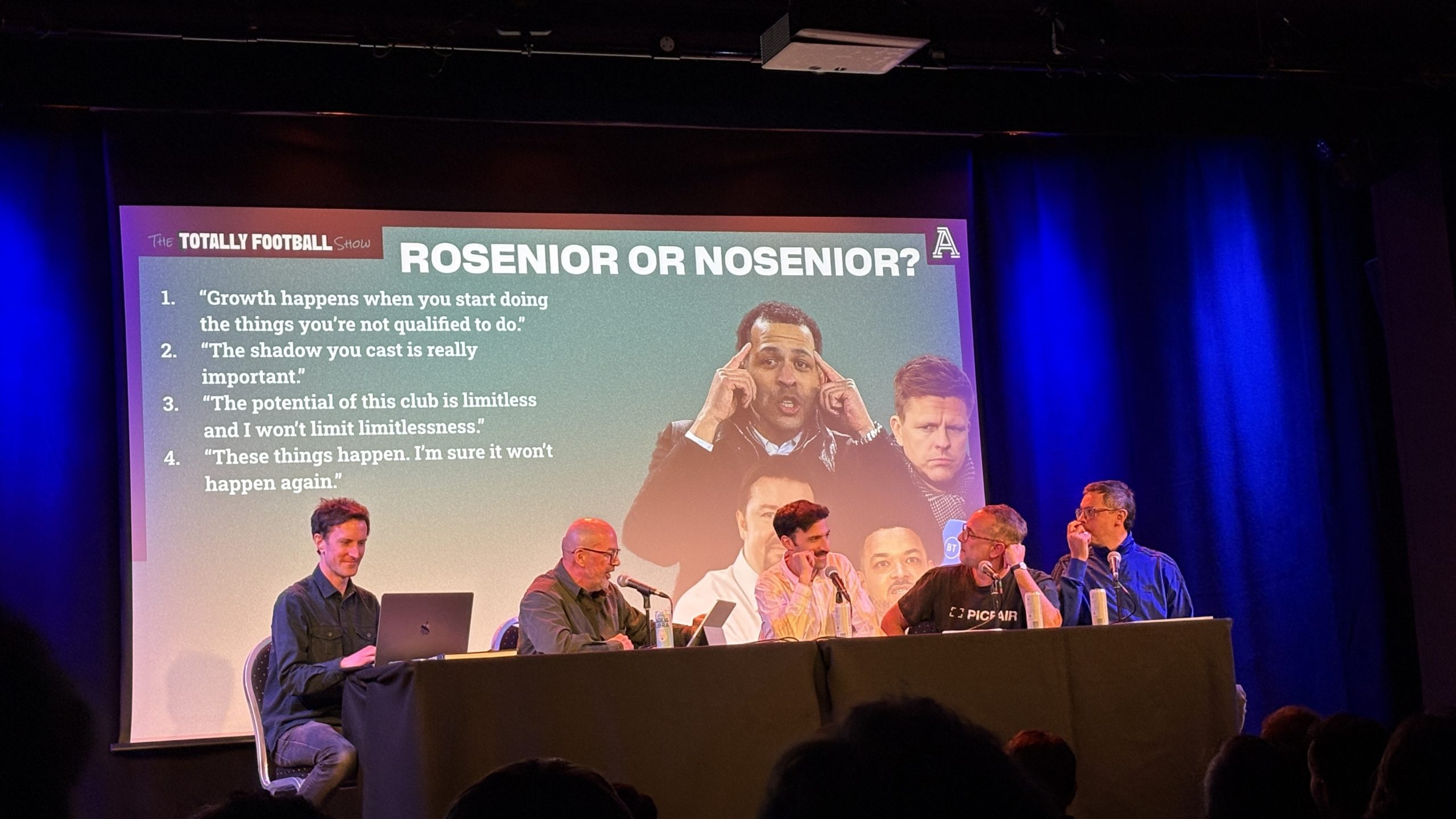 The Totally Football Show Live panel on stage at Leicester Square Theatre during the live audience engagement event.
